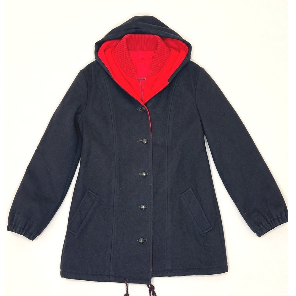 Authentic Mackintosh Vestcoat Navy Blue Red Hooded Wool Blend Jacket Vintage L